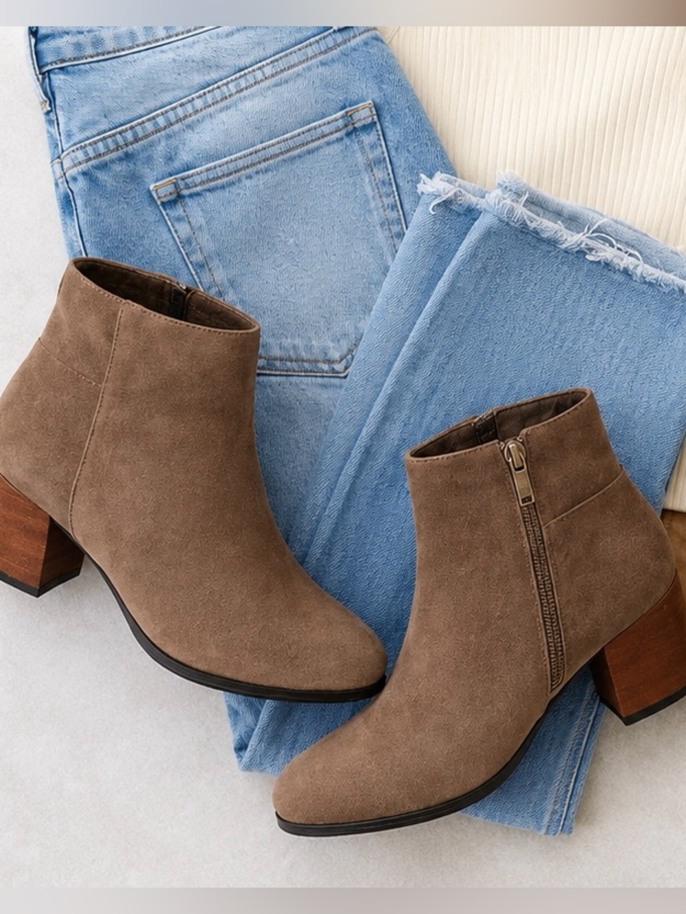 Aqua College Skyler Taupe Suede Waterproof Booties Block Heel-Size 9